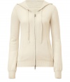 Raise the bar on contemporary classics with Closeds pale beige cashmere knit hoodie - Slim cut, zip up style, with a drawstring hood, banded waist and front kangaroo pocket - Extra-long sleeves bell gently at cuffs - Casually cool, great for everyday leisure in lieu of a traditional pullover or sweatshirt - Pair with a miniskirt, shorts, or cuffed boyfriend jeans