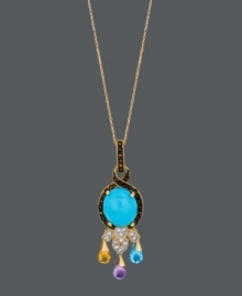 Ornamental and ornate. Carlo Viani's beautifully-crafted oval-shaped pendant shines with a vibrant turquoise center (3-3/4 mm) surrounded by faceted amethyst (5/8 ct. t.w.), blue topaz (7/8 ct. t.w.), citrine (5/8 ct. t.w.) and multicolored sapphires (1/2 ct. t.w.). Crafted in 14k gold. Approximate length: 18 inches. Approximate drop: 1-3/4 inches. Ornamental and ornate. Carlo Viani's beautifully-crafted oval-shaped pendant shines with a vibrant turquoise center (3-3/4 mm) surrounded by faceted amethyst (5/8 ct. t.w.), blue topaz (7/8 ct. t.w.), citrine (5/8 ct. t.w.) and multicolored sapphires (1/2 ct. t.w.). Crafted in 14k gold. Approximate length: 18 inches. Approximate drop: 1-3/4 inches.