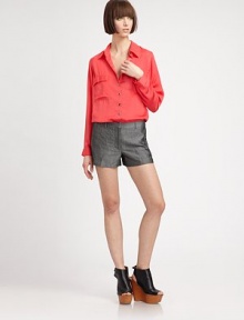 Smooth, bright fabric in a classic button-down design with playful front pockets. Shirt collarButton front placketLong sleeves with button cuffsChest flap pocketsInverted back pleatAbout 31 from shoulder to hemSilkDry cleanImported of Italian fabricModel shown is 5'10.5 (179cm) wearing US size 4. Smooth, bright fabric in a classic button-down design with playful front pockets. Shirt collarButton front placketLong sleeves with button cuffsChest flap pocketsInverted back pleatAbout 31 from shoulder to hemSilkDry cleanImported of Italian fabricModel shown is 5'10.5 (179cm) wearing US size 4.