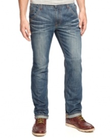Embellishing on classic five-pocket blues: Blast Jeans from Triple Fat Goose in whiskered blue denim with leather-rimmed back pockets. Embellishing on classic five-pocket blues: Blast Jeans from Triple Fat Goose in whiskered blue denim with leather-rimmed back pockets.