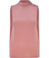 Stylish sleeveless top in pure, pale rose silk - Incredibly feminine and flattering - Lightweight, supremely soft fabric falls beautifully - Small, stand-up collar with button detail at left shoulder - Elegant drape at back and sides - On-trend, A-line silhouette - Seamlessly transitions from day to evening - Pair with slim jeans, a pencil skirt or leather pants