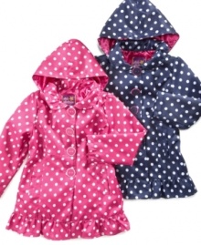 Spot check! Her savvy style will be apparent in this polka dot coat with a removable hood from Pink Platinum. Spot check! Her savvy style will be apparent in this polka dot coat with a removable hood from Pink Platinum.
