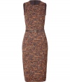 Luxurious slim-fitted dress flatters the figure in understated style - Designed in brown-patterned rayon stretch print - Feminine cut features round neck, pencil skirt and decorative leather belt - Ideal for cocktail parties and dinner events, or at the office with a cardigan - Pair with peep toe heels, platform sandals or boots