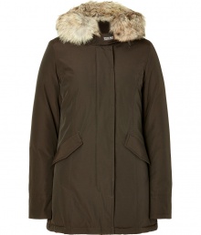 Stylish and sporty dark brown down coat in a washable cotton blend from the American heritage label Woolrich - Tapers slightly at waist, hits at mid-thigh - Rabbit fur collar lends this coat a veritable feeling of warmth and luxe - Water and snow resistant, with multiple pockets and hood - Exceptionally warm, can be worn in temperatures as low as -30 F - A versatile, classically elegant coat that can be worn for life - Perfect for both city streets and country slopes Stylish and sporty dark brown down coat in a washable cotton blend from the American heritage label Woolrich - Tapers slightly at waist, hits at mid-thigh - Rabbit fur collar lends this coat a veritable feeling of warmth and luxe - Water and snow resistant, with multiple pockets and hood - Exceptionally warm, can be worn in temperatures as low as -30 F - A versatile, classically elegant coat that can be worn for life - Perfect for both city streets and country slopes