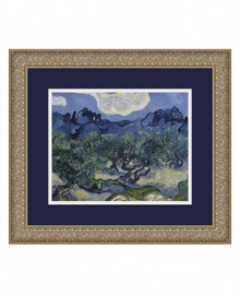 Vincent Van Gogh's dreamy vision of olive trees is realized in vibrant blues and greens. Scrolling vines embossed in the antique silver frame echo the artist's curvy, twisting forms. Vincent Van Gogh's dreamy vision of olive trees is realized in vibrant blues and greens. Scrolling vines embossed in the antique silver frame echo the artist's curvy, twisting forms.