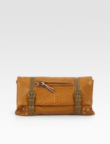 An easy, compact shape constructed with richly-pebbled lambskin leather in warm contrasting tones. Magnetic flap with hidden top zip closureInterior removable mini flashlightCotton lining9¾W X 5½H X 1DImported An easy, compact shape constructed with richly-pebbled lambskin leather in warm contrasting tones. Magnetic flap with hidden top zip closureInterior removable mini flashlightCotton lining9¾W X 5½H X 1DImported