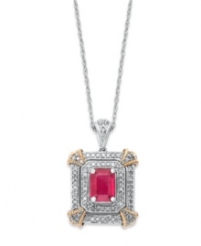 Royal etiquette. An emerald-cut ruby (2 ct. t.w.) sits front and center amidst two rows of round-cut diamonds (3/8 ct. t.w.). Set in 14k white gold with 14k rose gold corners. Approximate length: 18 inches. Approximate drop: 1 inch. Royal etiquette. An emerald-cut ruby (2 ct. t.w.) sits front and center amidst two rows of round-cut diamonds (3/8 ct. t.w.). Set in 14k white gold with 14k rose gold corners. Approximate length: 18 inches. Approximate drop: 1 inch.