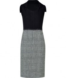 Give your office-ready look a stylish boost with this chic combo dress from Jil Sander - Round neck, back cape collar detail, front zip closure, solid fitted bodice, houndstooth pencil skirt - Pair with a slim trench and classic pumps