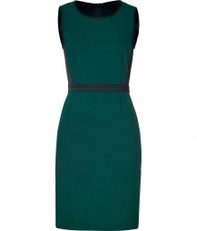 Alluring with its black satin and rich green coloring, DKNYs sleeveless sheath dress lends a festive edge to work and cocktail looks alike - Round neckline, sleeveless, black satin trim, hidden back zip - Tailored fit - Wear with a blazer and pointy toe pumps