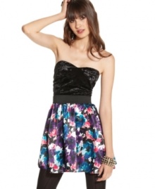 Velvet and floral prints make an unexpected – and totally cute – pairing on Material Girl's strapless dress!