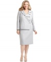 This Evan Picone plus size skirt suit offers classic style for your next special occasion. The asymmetrical button-front jacket adds interest to the slim skirt, while a subtle tonal pattern adds shimmer to the whole look!