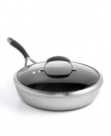 Sloped sides couple with a durable nonstick surface for quick food release and a golden brown touch to food delivered evenly by a hard anodized core. With a tempered glass lid, the skillet offers covered cooking to seal in flavors and always finishes mess-free, boasting a flared edge and comfort grips for easy pouring. Limited lifetime warranty. Sloped sides couple with a durable nonstick surface for quick food release and a golden brown touch to food delivered evenly by a hard anodized core. With a tempered glass lid, the skillet offers covered cooking to seal in flavors and always finishes mess-free, boasting a flared edge and comfort grips for easy pouring. Limited lifetime warranty.