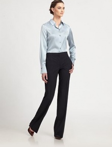 A classic button-down style, rendered in silky stretch satin.Point collarButton frontLong sleeves with pleated detailsButton cuffs92% silk/8% elastaneDry cleanMade in Italy of imported fabricModel shown is 5'11(180cm)wearing US size 4. A classic button-down style, rendered in silky stretch satin.Point collarButton frontLong sleeves with pleated detailsButton cuffs92% silk/8% elastaneDry cleanMade in Italy of imported fabricModel shown is 5'11(180cm)wearing US size 4.