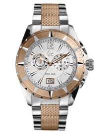 An expressive and dynamic timepiece from Gc Swiss Made Timepieces. Watch features a polished stainless steel bracelet with textured rose-goldtone center links and polished stainless steel case. Unidirectional turning bezel. Dial features logo, numeral at 12 o'clock paired with stick indices, two subdials, date window at 6 o'clock and SuperLuminova coated hands. Swiss made. Swiss quartz movement. Water resistant to 100 meters. Ten-year limited warranty. Luxury Gc gift box packaging included. An expressive and dynamic timepiece from Gc Swiss Made Timepieces. Watch features a polished stainless steel bracelet with textured rose-goldtone center links and polished stainless steel case. Unidirectional turning bezel. Dial features logo, numeral at 12 o'clock paired with stick indices, two subdials, date window at 6 o'clock and SuperLuminova coated hands. Swiss made. Swiss quartz movement. Water resistant to 100 meters. Ten-year limited warranty. Luxury Gc gift box packaging included.