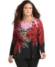 Get standout style with Tahari Woman's long sleeve plus size top, featuring a bold floral print and belted waist. (Clearance) Get standout style with Tahari Woman's long sleeve plus size top, featuring a bold floral print and belted waist. (Clearance)