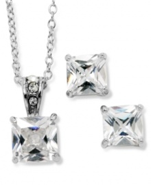 Add a one-two punch of sparkle to your look in City by City's chic jewelry set. Square-cut cubic zirconias (7-1/2 ct. t.w.) shine in a silver tone mixed metal setting. Approximate necklace length: 16 inches + 3-inch extender. Approximate pendant drop: 3/4 inch. Approximate earring drop: 3/4 inch. Add a one-two punch of sparkle to your look in City by City's chic jewelry set. Square-cut cubic zirconias (7-1/2 ct. t.w.) shine in a silver tone mixed metal setting. Approximate necklace length: 16 inches + 3-inch extender. Approximate pendant drop: 3/4 inch. Approximate earring drop: 3/4 inch.