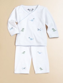 A kimono top, matching pants and embroidered dinosaurs, finished with picot trim makes for a cozy design. V-neck Long sleeves Side snap closure Elastic waist Cotton Machine wash Imported A kimono top, matching pants and embroidered dinosaurs, finished with picot trim makes for a cozy design. V-neck Long sleeves Side snap closure Elastic waist Cotton Machine wash Imported