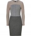 Colorblocked in a cool palette of nude hues, LAgences wool-blend dress is as chic as it is easy to wear - Round neckline, long sleeves, cable knit front and back panels, hidden back zip, kick pleat - Form-fitting - Wear with sleek heels and a covetable carryall clutch