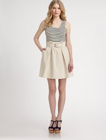 A cool design with a striped top, complemented by flattering Princess seams and a waist-defining A-line silhouette for a feminine, fashion-forward look. Round neckSleevelessPrincess seamsCinched detail at high waistSide zipperDenim tulip skirtBack yokeBack seamAbout 19 from natural waistCottonDry cleanImported Model shown is 5'10 (177cm) wearing US size 4. A cool design with a striped top, complemented by flattering Princess seams and a waist-defining A-line silhouette for a feminine, fashion-forward look. Round neckSleevelessPrincess seamsCinched detail at high waistSide zipperDenim tulip skirtBack yokeBack seamAbout 19 from natural waistCottonDry cleanImported Model shown is 5'10 (177cm) wearing US size 4.