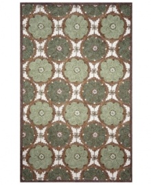 Perfect vision. Tickle the eye with the pleasing medallion pattern and fresh sage hue of Liora Manne's Lakai Circles rug from the Ravella collection. Hand hooked of a durable, UV stabilized polypropylene-acrylic blend, this dynamic rug can be used indoors, outdoors or virtually anywhere around your home.