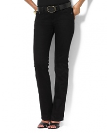 These straight-leg jeans are designed in stretch cotton denim for comfort and a flattering fit. Moderate low-rise waist, sleek hip. Zip fly with shank closure. Five-pocket style with metal rivets at points of wear. Back right pocket features the signature LRL embroidered logo. Leather logo patch accents the back waist. Inseam, about 29. These straight-leg jeans are designed in stretch cotton denim for comfort and a flattering fit. Moderate low-rise waist, sleek hip. Zip fly with shank closure. Five-pocket style with metal rivets at points of wear. Back right pocket features the signature LRL embroidered logo. Leather logo patch accents the back waist. Inseam, about 29.