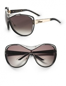 This sleek style features a metal boarder and a clear plastic bridge. Available in black/gold with gray gradient lens. Logo temples 100% UV protection Made in Italy This sleek style features a metal boarder and a clear plastic bridge. Available in black/gold with gray gradient lens. Logo temples 100% UV protection Made in Italy