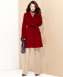 Anne Klein's cozy coat mixes warm wool with luxurious cashmere for a soft touch. A self-tied belt defines the waist of this classic silhouette. Anne Klein's cozy coat mixes warm wool with luxurious cashmere for a soft touch. A self-tied belt defines the waist of this classic silhouette.