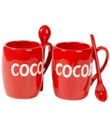 Make a cold weather treat feel extra warm and cozy with novelty cocoa mugs and spoons from Bella. Bright red earthenware labeled in big block letters is something the whole family can enjoy. Make a cold weather treat feel extra warm and cozy with novelty cocoa mugs and spoons from Bella. Bright red earthenware labeled in big block letters is something the whole family can enjoy.