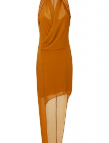 Elegant, avant garde design in cognac - Asymmetric cut, multi-layered and sleeveless - High collar with plunging neckline that transitions into wrap-look draping - Artistic, dramatic piece that makes a statement - Style with clutch, stilettos and minimal jewelry.