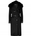 Work an ultra luxurious edge into your outerwear wardrobe with Belstaffs jet black cashmere trench, detailed with leather trim and a fur collar for that glamorous urban feel - Notched collar with black kalgan lamb fur lapel, long sleeves, leather cuffs, flap pockets, gun flap, double-breasted button-down front, belted waistline, back vent - Slim silhouette, tailored at the waist - Team with jet black accessories and statement leather totes