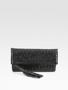 Ultra-luxe Italian leather is intricately woven on this chic foldover design. Top zip closure with tasselSatin lining11W X 6H X ¾DMade in Italy Ultra-luxe Italian leather is intricately woven on this chic foldover design. Top zip closure with tasselSatin lining11W X 6H X ¾DMade in Italy