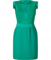 Radiant in jade with a chic modern cut, Hoss Intropias paneled sheath dress is a sweet choice for sophisticated cocktail looks - Rounded neckline, angular cap sleeves, tonal semi-sheer stretch silk paneling, hidden back zip, slit back with double-button closures - Tailored fit - Team with flawless pumps and an oversized statement clutch