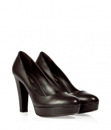 Channel classic style with these luxe leather platform pumps from Sergio Rossi - Rounded toe, front platform, chunky heel, slip-on style - Wear with skinny jeans, leather leggings, or a figure-hugging cocktail sheath