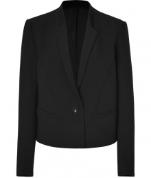 Lend a sleek modern edge to your outfit with this characteristic cool blazer from Helmut Lang - Collarless with modern lapel, long sleeves, padded shoulders, buttoned cuffs, slit pockets, single button closure - Cropped, boxy fit - Wear over tissue tees with leather leggings and edgy ankle boots Lend a sleek modern edge to your outfit with this characteristic cool blazer from Helmut Lang - Collarless with modern lapel, long sleeves, padded shoulders, buttoned cuffs, slit pockets, single button closure - Cropped, boxy fit - Wear over tissue tees with leather leggings and edgy ankle boots