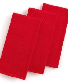 Grab style and keep function with a set of three kitchen towels that step forward in a bright color to wipe up spills, aid in prep and add an accent to your space. The textured design sets a sharp appearance for any room, while the highly absorbent terry quickly cleans up. Limited lifetime warranty. Grab style and keep function with a set of three kitchen towels that step forward in a bright color to wipe up spills, aid in prep and add an accent to your space. The textured design sets a sharp appearance for any room, while the highly absorbent terry quickly cleans up. Limited lifetime warranty.