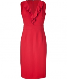 Inject instant elegance into your cocktail-ready look with this ultra-luxe dress from Valentino -Ruffle-detailed V-neck, sleeveless, defined banded waist, on-seam pockets, fitted silhouette, concealed back zip closure - Style with peep-toe pumps and an embellished clutch