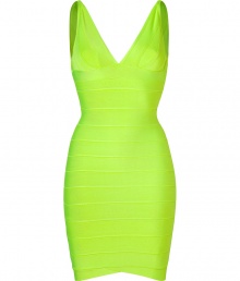 Make a sultry statement in this attention-grabbing neon bandage dress from Herv? L?ger - V-neck, bustier-style top, thick spaghetti straps, classic bandage panel detailing with figure-enhancing seams at front, down sides, and at back, concealed back zip closure - Extra form-fitting - Style with sky-high platform sandals and an embellished clutch