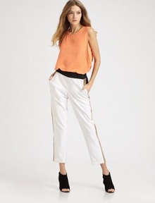 Tailored-chic in a finely-textured pique finished with colorblocked panels and cropped above the ankle.Elastic waistbandFlat frontSlash pocketsRise, about 9Inseam, about 28PolyesterDry cleanImportedModel shown is 5'9½ (176cm) wearing US size 4.