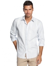 Tucked-in or worn out for casual style, this embroidered slim fit shirt from Cubavera is a crisp look for fall.