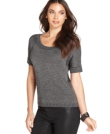 Rendered from sleek metallic knit, Calvin Klein Jeans' short-sleeve sweater is an easy layering piece for fall. Try it with coated jeans for a textured look!