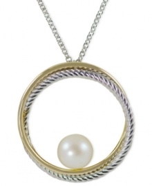 Abstract elegance. A cultured freshwater pearl (8-8-1/2 mm) stands at the center of this circle pendant, suspended from a 14k gold and sterling silver necklace for a bit of postmodern appeal. Approximate length: 18 inches. Approximate drop: 2 inches. Abstract elegance. A cultured freshwater pearl (8-8-1/2 mm) stands at the center of this circle pendant, suspended from a 14k gold and sterling silver necklace for a bit of postmodern appeal. Approximate length: 18 inches. Approximate drop: 2 inches.
