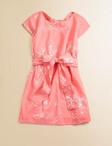 This beautiful, shimmering cotton frock is adorned with outstanding, sequin-covered flowers and has a sash tie for a frock as beautiful as your little girl.ScoopneckShort sleevesPullover style with cross backWaistband with sash tieCottonMachine washImported This beautiful, shimmering cotton frock is adorned with outstanding, sequin-covered flowers and has a sash tie for a frock as beautiful as your little girl.ScoopneckShort sleevesPullover style with cross backWaistband with sash tieCottonMachine washImported