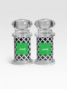 A set of transparent shakers boast curvy, modern lines to season every dish with individualized style. Salt & pepper not included Each: 5H X 2¼ diam. ImportedFOR PERSONALIZATION Select a quantity, then scroll down and click on PERSONALIZE & ADD TO BAG to choose and preview your monogramming options. Please allow 2 weeks for delivery. A set of transparent shakers boast curvy, modern lines to season every dish with individualized style. Salt & pepper not included Each: 5H X 2¼ diam. ImportedFOR PERSONALIZATION Select a quantity, then scroll down and click on PERSONALIZE & ADD TO BAG to choose and preview your monogramming options. Please allow 2 weeks for delivery.