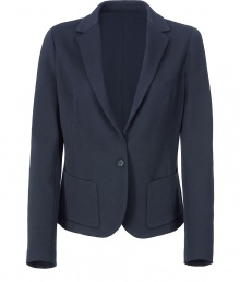 Luxurious blazer in fine rayon blend - outstanding high quality, nice and comfortable due to stretch content - elegant dark blue - new shape, slim, slightly waist fitted with long slim revers and one button - moderate length - added pockets - modern AND respectable appeal, ideal basic for the office - pair with a chic pencil skirt or matching pants