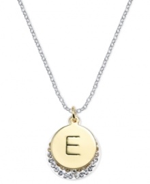 Letter perfection. This sterling silver necklace holds a pendant set in 14k gold and sterling silver plated topped with an E and adorned with crystal for a stunning statement. Approximate length: 18 inches. Approximate drop: 7/8 inch. Approximate drop width: 5/8 inch. Letter perfection. This sterling silver necklace holds a pendant set in 14k gold and sterling silver plated topped with an E and adorned with crystal for a stunning statement. Approximate length: 18 inches. Approximate drop: 7/8 inch. Approximate drop width: 5/8 inch.
