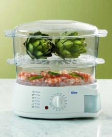 Let off some steam. Cook healthy meals with this high-capacity steamer. Includes large 3.8 qt and smaller 2.3 qt. steaming bowl for culinary versatility. Includes eight egg holders for soft or hard cooked eggs and 10-cup capacity rice bowl. 75-minute timer with auto shutoff for safety. Model 66471. Let off some steam. Cook healthy meals with this high-capacity steamer. Includes large 3.8 qt and smaller 2.3 qt. steaming bowl for culinary versatility. Includes eight egg holders for soft or hard cooked eggs and 10-cup capacity rice bowl. 75-minute timer with auto shutoff for safety. Model 66471.