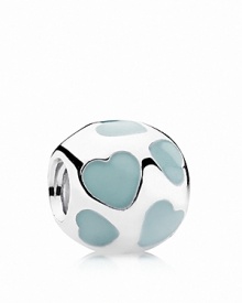 Sterling silver serves as polished backdrop to sweet heart motifs in light blue enamel. Charm by PANDORA. Sterling silver serves as polished backdrop to sweet heart motifs in light blue enamel. Charm by PANDORA.