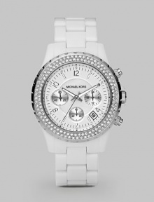 A sporty chronograph design with sparkling crystal trim along the bezel.Analog movement Water resistant to 5 ATM Swarovski crystals along bezel Round stainless steel case, 42mm, (1.65) White chronograph dial with MOP center Date display between 4 and 5 o'clock Index and Arabic numeral hour markers Second hand Acetate link bracelet Imported 