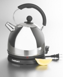 A soothing cup of tea is just a whistle away. Electric kettle from Cuisinart brings cordless convenience to your countertop…and the table. Stainless steel kettle lifts off base and sits safely and coolly on any surface. One-touch 1500-watt quick-heating with auto shut-off to prevent boil-over. Antisplatter spout prevents accidents and drip. Protected heating element never touches water, never calcifies. On/off switch with indicator light. Ergonomic stay-cool handle. 1.75-qt. capacity. Model KUA-17. Three-year limited warranty. A soothing cup of tea is just a whistle away. Electric kettle from Cuisinart brings cordless convenience to your countertop…and the table. Stainless steel kettle lifts off base and sits safely and coolly on any surface. One-touch 1500-watt quick-heating with auto shut-off to prevent boil-over. Antisplatter spout prevents accidents and drip. Protected heating element never touches water, never calcifies. On/off switch with indicator light. Ergonomic stay-cool handle. 1.75-qt. capacity. Model KUA-17. Three-year limited warranty.