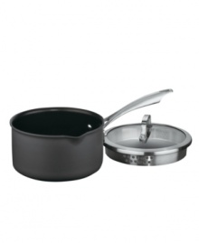 2qt pour sauce pan with cover Exclusive ArmorGuard(tm) technology offers a rich hard-anodized exterior with the convenience of dishwasher cleanup. Hard anodized construction allows for superior durability and optimal cooking performance. Even heat distribution eliminates hot spots. Cooking surface features the world's longest lasting non-stick for superior release, ultra-durability and easy cleaning. Metal utensil safe! Contoured stainless steel handles stay cool on the stove top, while side grips ensure a lifetime of balanced cooking! DISHWASHER SAFE Lifetime Warranty Returnable to stores gas, electric, halogen and glass ceramic safe! 2qt pour sauce pan with cover Exclusive ArmorGuard(tm) technology offers a rich hard-anodized exterior with the convenience of dishwasher cleanup. Hard anodized construction allows for superior durability and optimal cooking performance. Even heat distribution eliminates hot spots. Cooking surface features the world's longest lasting non-stick for superior release, ultra-durability and easy cleaning. Metal utensil safe! Contoured stainless steel handles stay cool on the stove top, while side grips ensure a lifetime of balanced cooking! DISHWASHER SAFE Lifetime Warranty Returnable to stores gas, electric, halogen and glass ceramic safe!